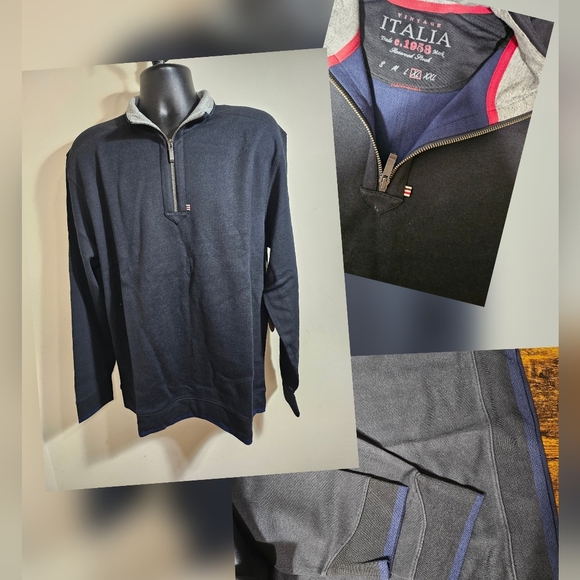 NEW Vintage Italia 1958 Black Half Zip Sweater Blue Tone XL Cotton Tencel - Picture 3 of 13